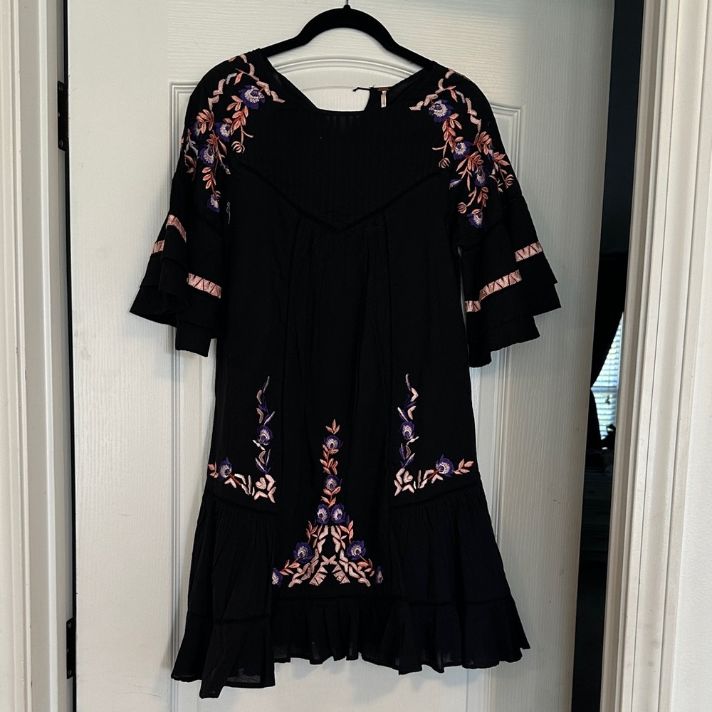 Free People Black Mini Dress with Pink & Purple Floral Embroidery